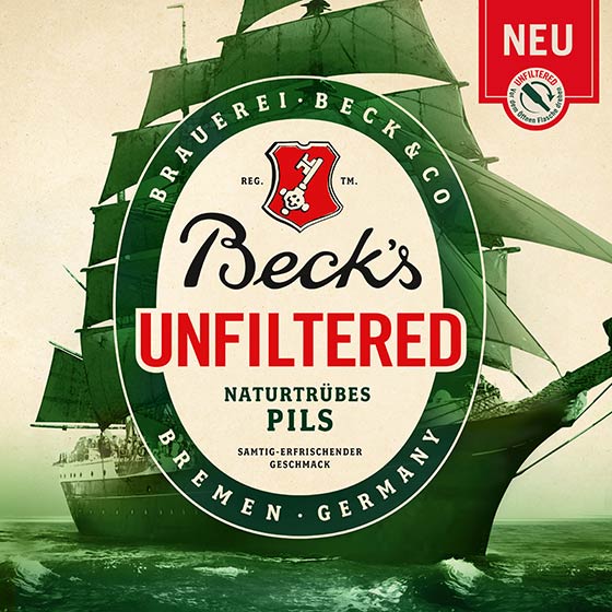 Ein BECK'S Unfiltered Werbeplakat von 2021